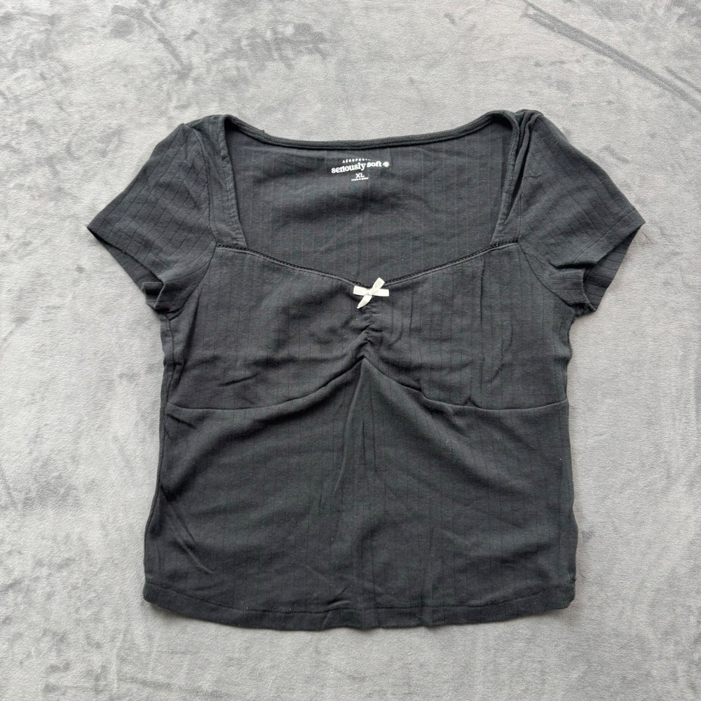 Aeropostale Seriously Soft Ribbed Sweetheart Neck Bow Top Black XL